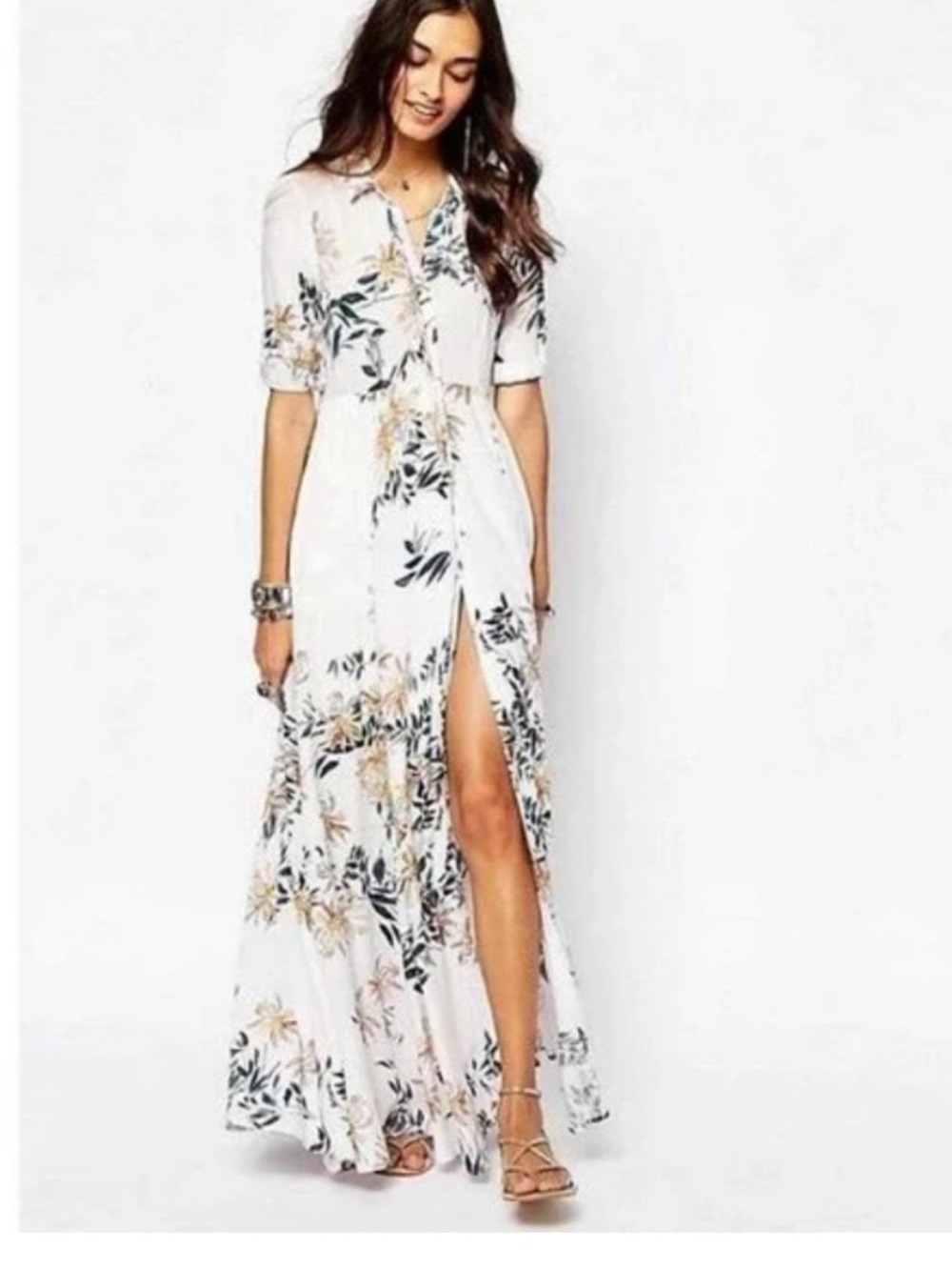 Free People After The Storm Floral button down Maxi Dress size 8